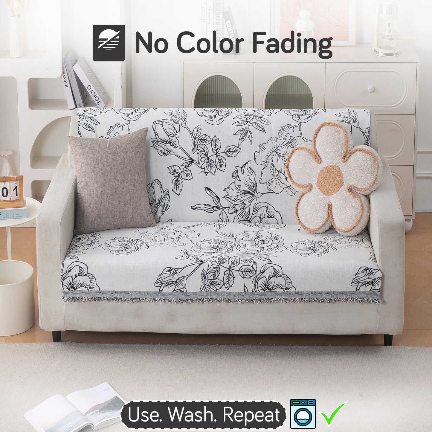 Premium 320 GSM Chenille Sofa Cover 'Serene Abode Series', White Rose Garden