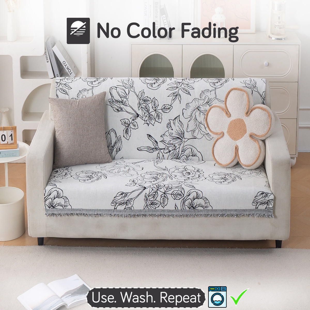 Premium 320 GSM Chenille Sofa Cover 'Serene Abode Series', White Rose Garden