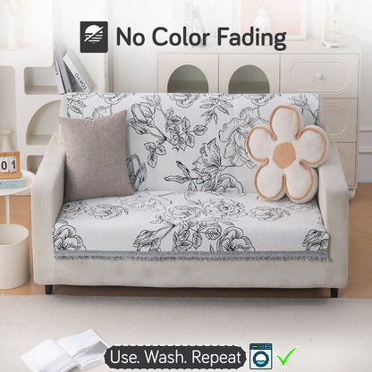 Premium 320 GSM Chenille Sofa Cover 'Serene Abode Series', White Rose Garden