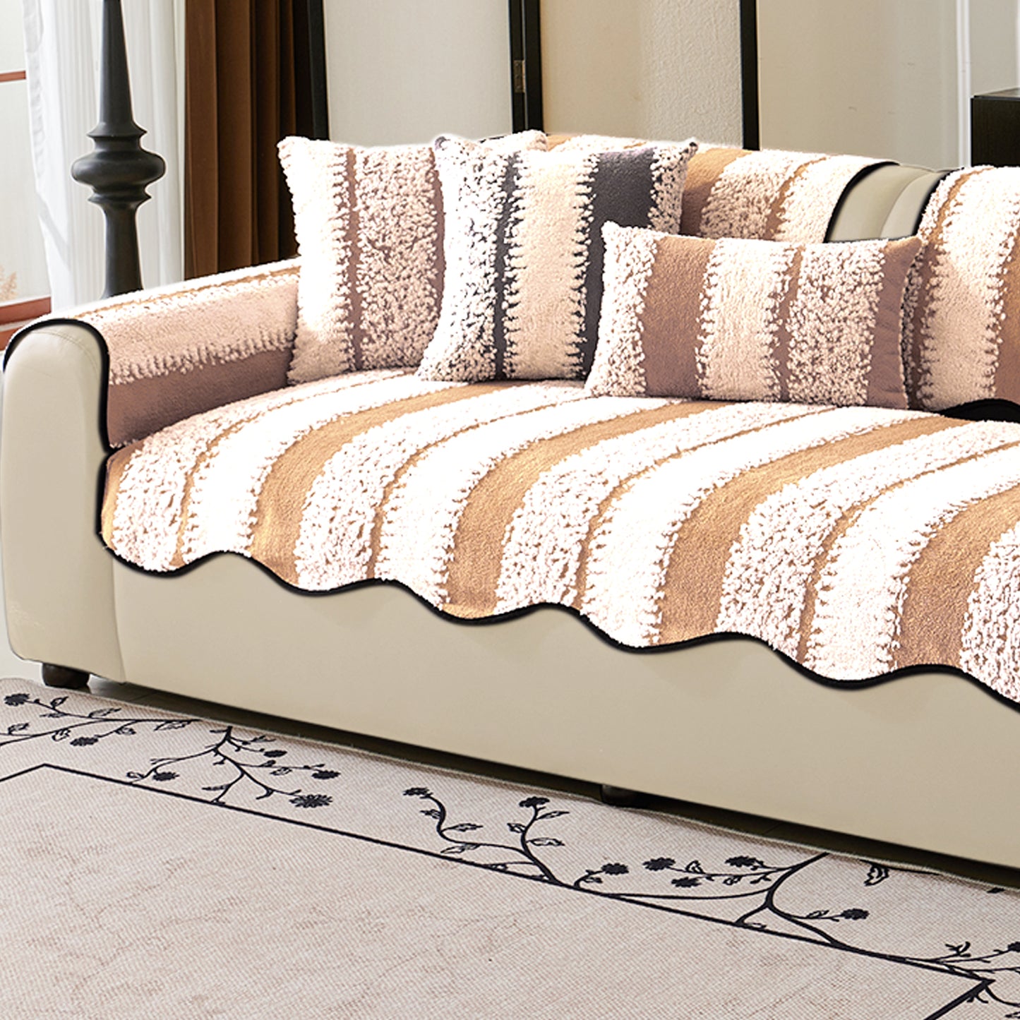 Luxury Wavy Plush Cushion Cover for Sofa - Desert Brown