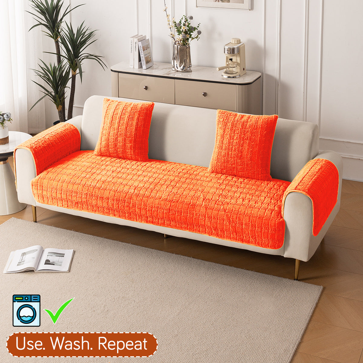 Premium Plush Sofa Cover Mat with 2 Arm Cover, Orange