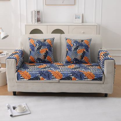 LiefNest Printed Holland Velvet Sofa Mat with Foam Filling - Tropical Leaves Dusk Blue for 1/2/3 Seater & Armrest