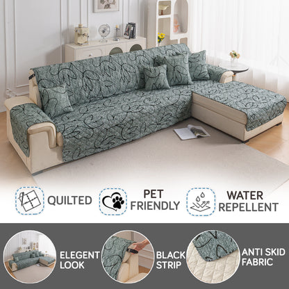 Elira Series Quilted One-Piece L Shape Sofa Cover Mat with Left and Right Chaise, Intense Grey Abstract Floral