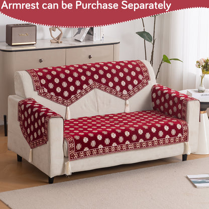 Heritage Weave Premium Jacquard Sofa Cover Set with Tassels -  Crimson Red