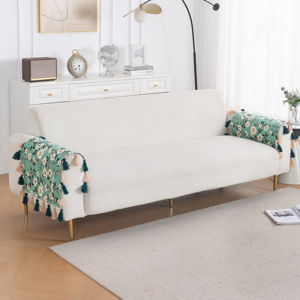 'Whispers of Nature' Series Holland Velvet Sofa Mat with Tassel, Sage Floral Vine