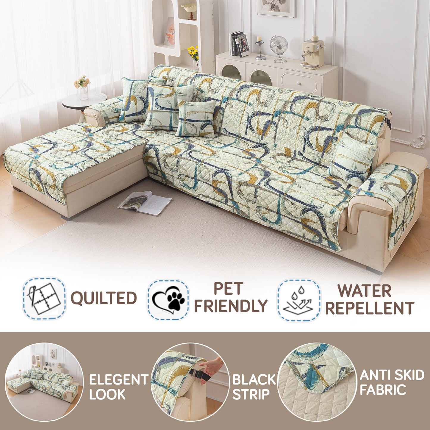 Elira Series Quilted One-Piece L Shape Sofa Cover Mat with Left and Right Chaise, Parchement Beige Abstract Art