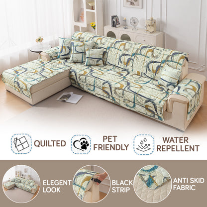 Elira Series Quilted One-Piece L Shape Sofa Cover Mat with Left and Right Chaise, Parchement Beige Abstract Art