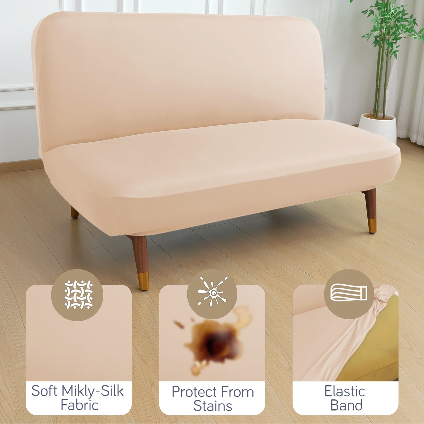 SereneSolids Stretchable Elastic Armless Sofa Cover – 140 GSM, Futon Slipcover, Easy Fit, Beige