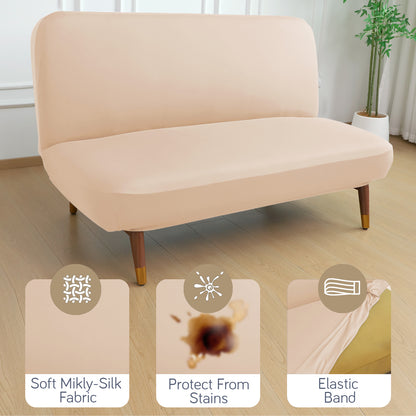 SereneSolids Stretchable Elastic Armless Sofa Cover – 140 GSM, Futon Slipcover, Easy Fit, Beige