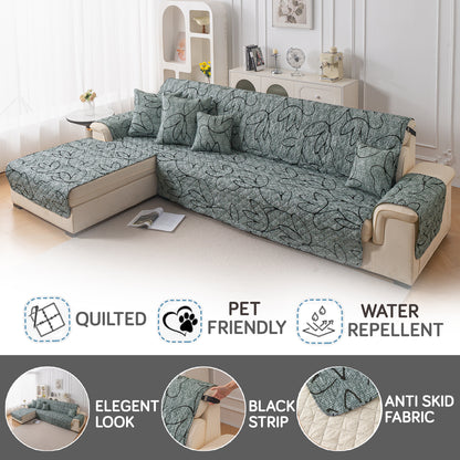 Elira Series Quilted One-Piece L Shape Sofa Cover Mat with Left and Right Chaise, Intense Grey Abstract Floral