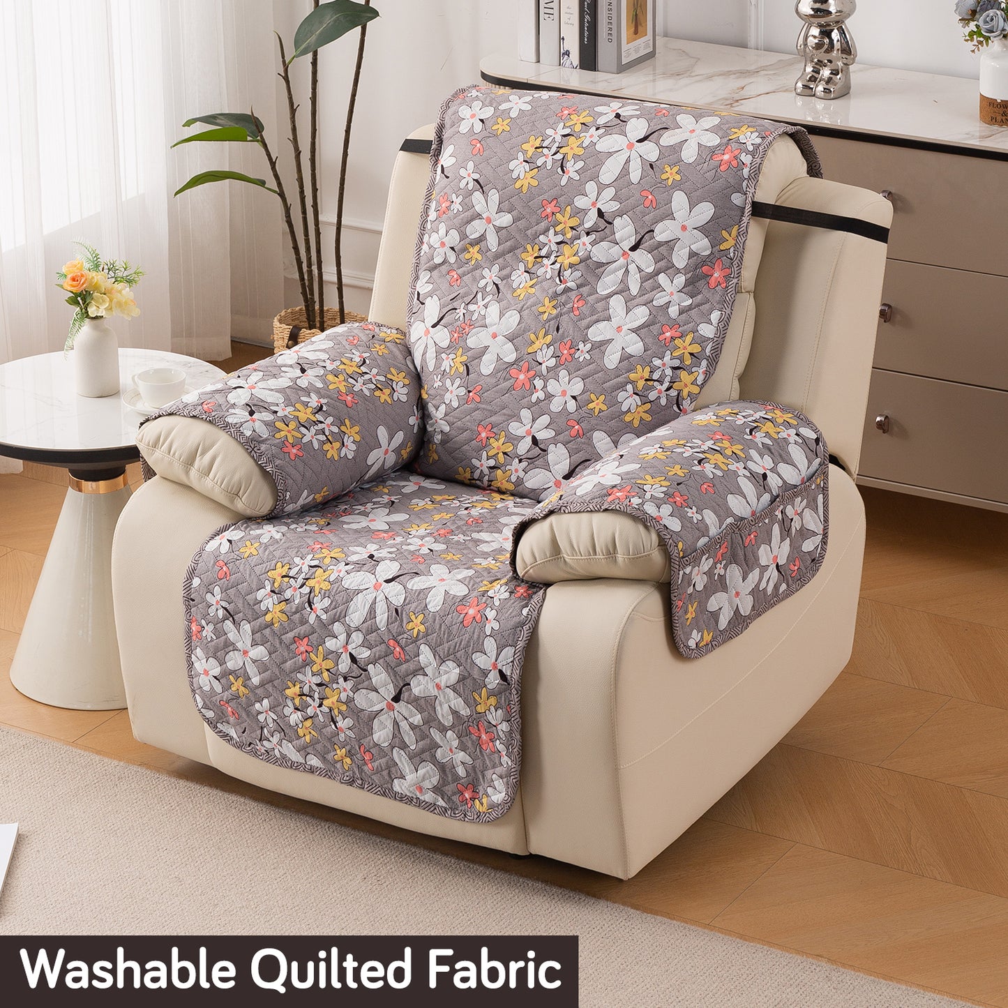 Quilted Cover for Recliner Sofa with SecureFit Belt & Side Pocket, Pastel Brown Sandwort Flower
