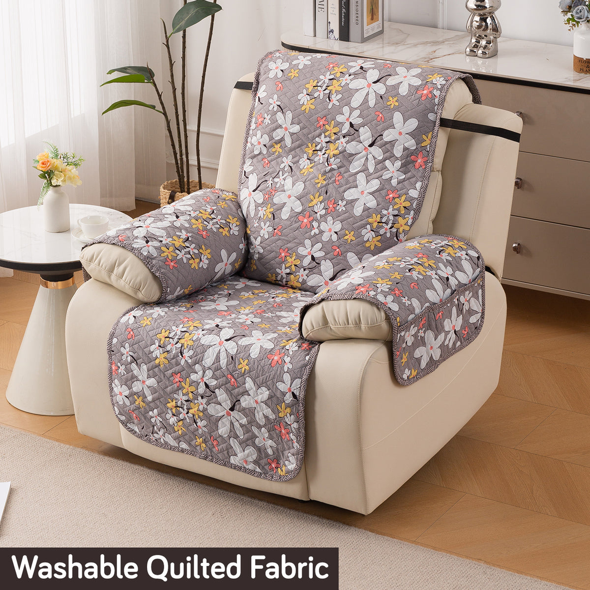 Quilted Cover for Recliner Sofa with SecureFit Belt & Side Pocket, Pastel Brown Sandwort Flower