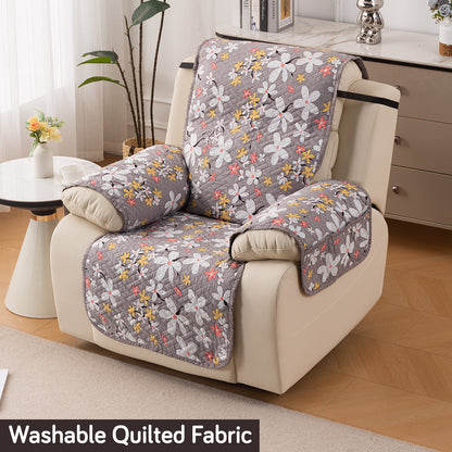 Quilted Cover for Recliner Sofa with SecureFit Belt & Side Pocket, Pastel Brown Sandwort Flower