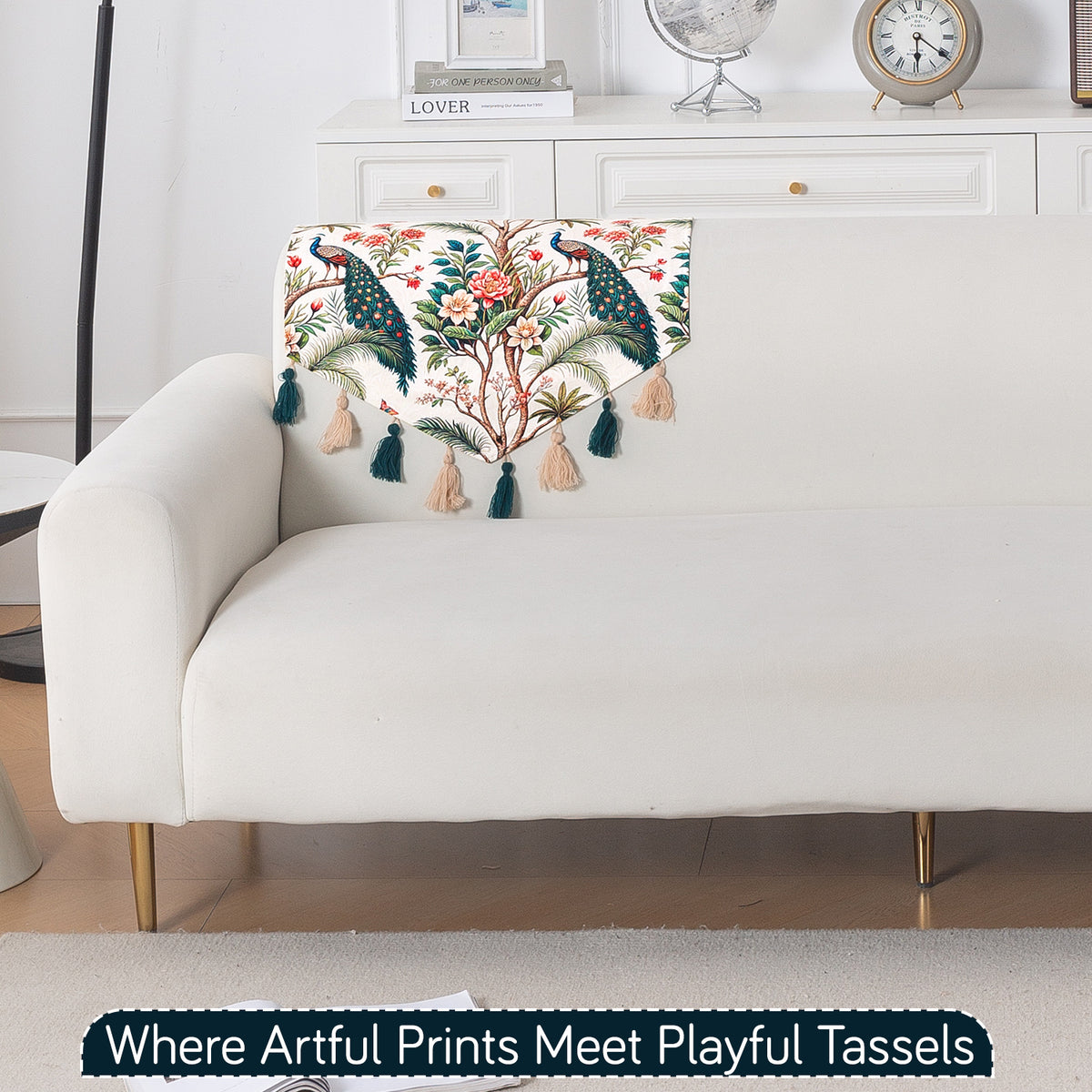 'Whispers of Nature' Series Holland Velvet Sofa Mat with Tassel, Multicolor Tropical Peacock
