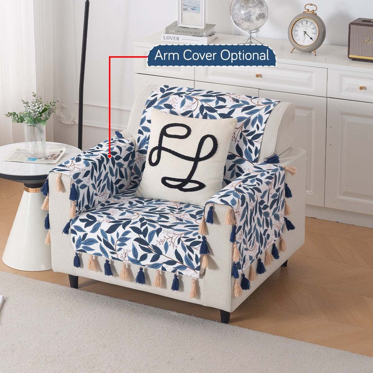 'Whispers of Nature' Series Holland Velvet Sofa Cover with Tassel, Indigo Foliage