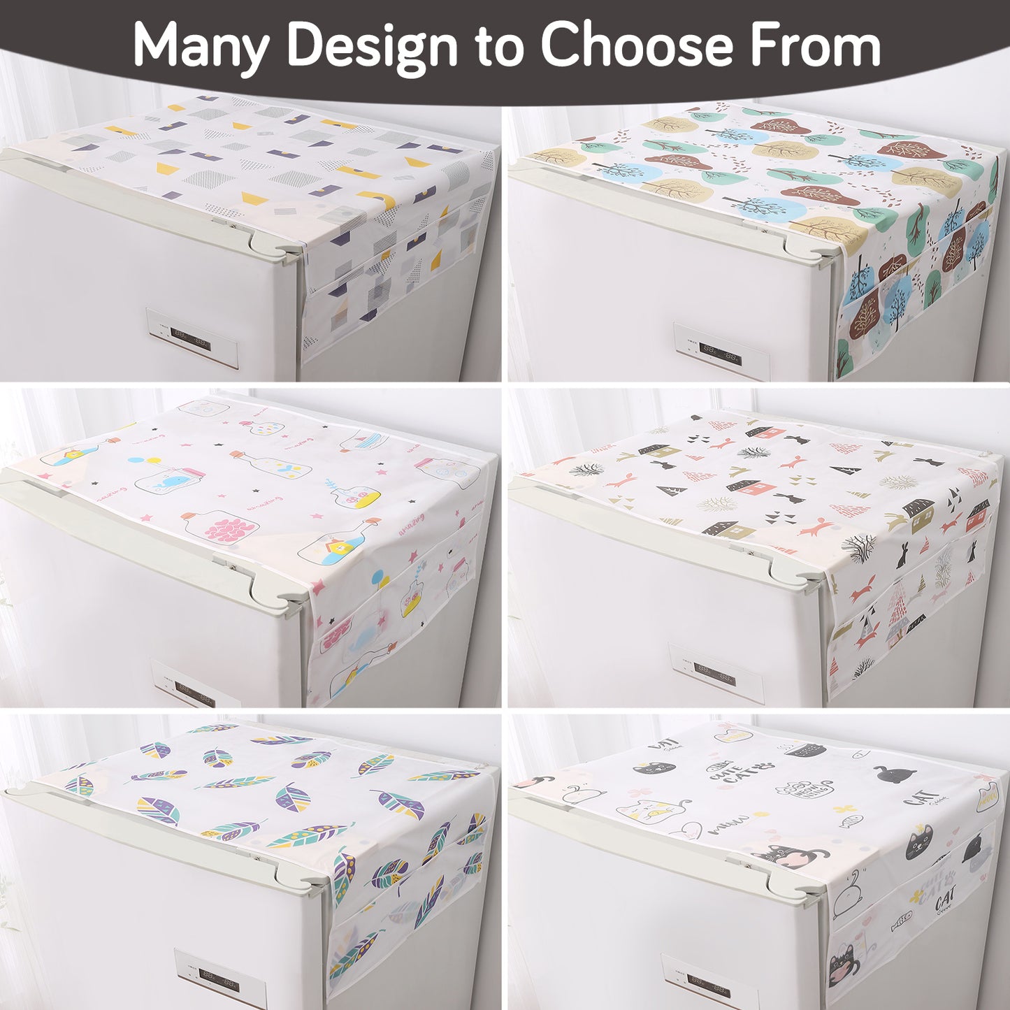 Small / Large Fridge Cover Top | For Smaller Single Door, Double Door and Bigger Double Door Refrigerator - Waterproof, Printed with 6 Side Pockets, Whimsical Bottles