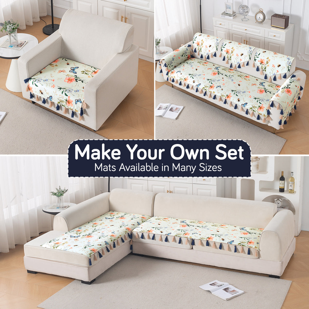 'Whispers of Nature' Series Holland Velvet Sofa Mat with Tassel, Pastel Butterfly Meadow