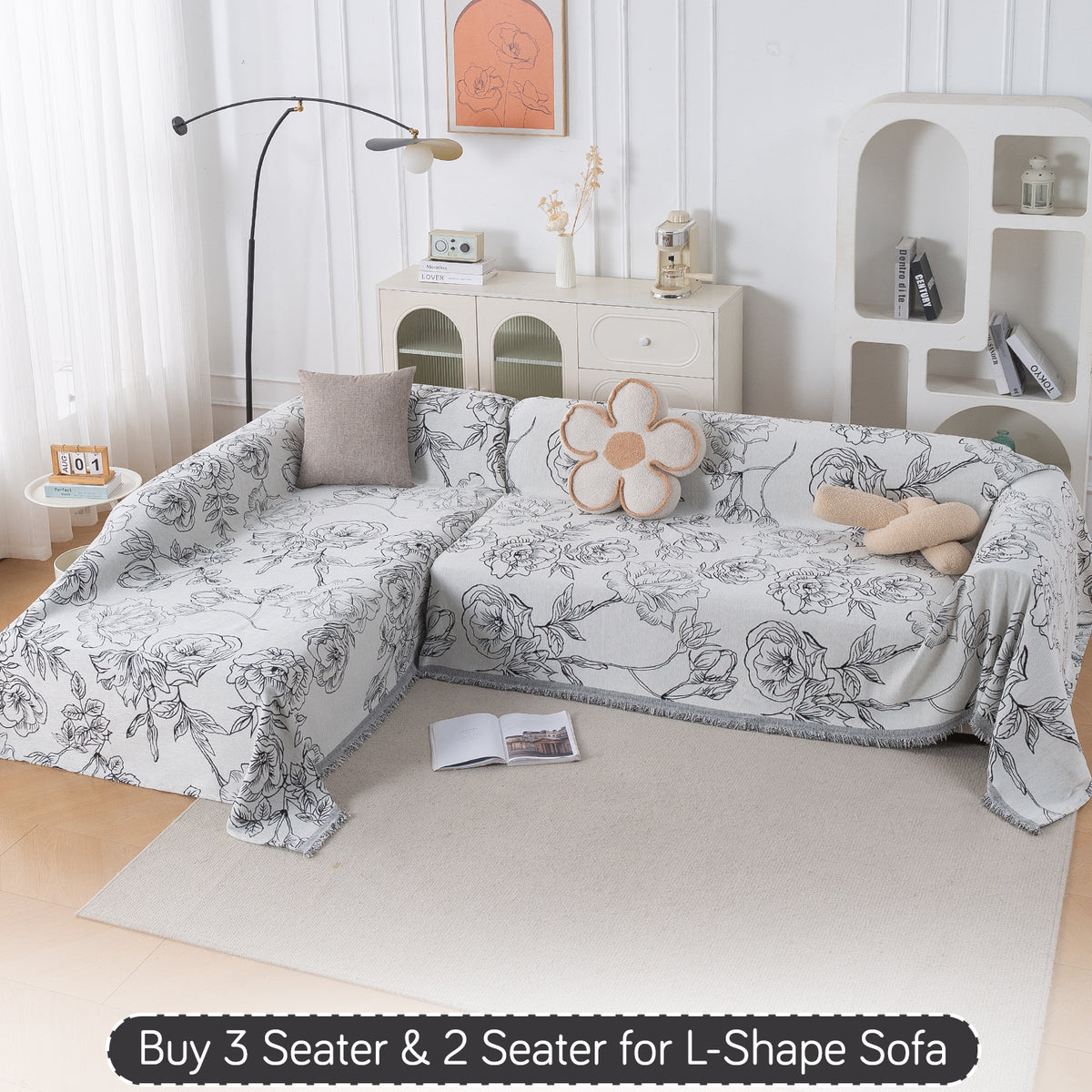 Buy White Rose Garden Serene Abode Chenille 3 Seater & 2 Seater for L-Shape Sofa Throw | HOKIPO