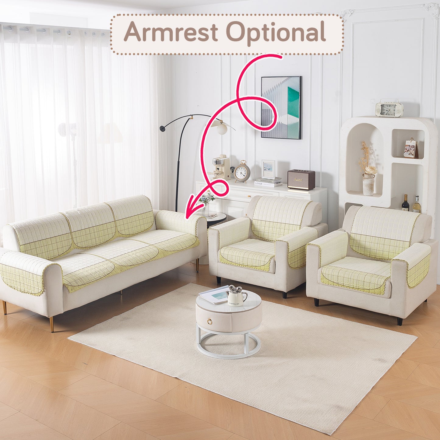 'Comfort Grid Series' Premium Quilted 5 (3+1+1) Seater Sofa Cover Set with Foam Filling | Butter Cream