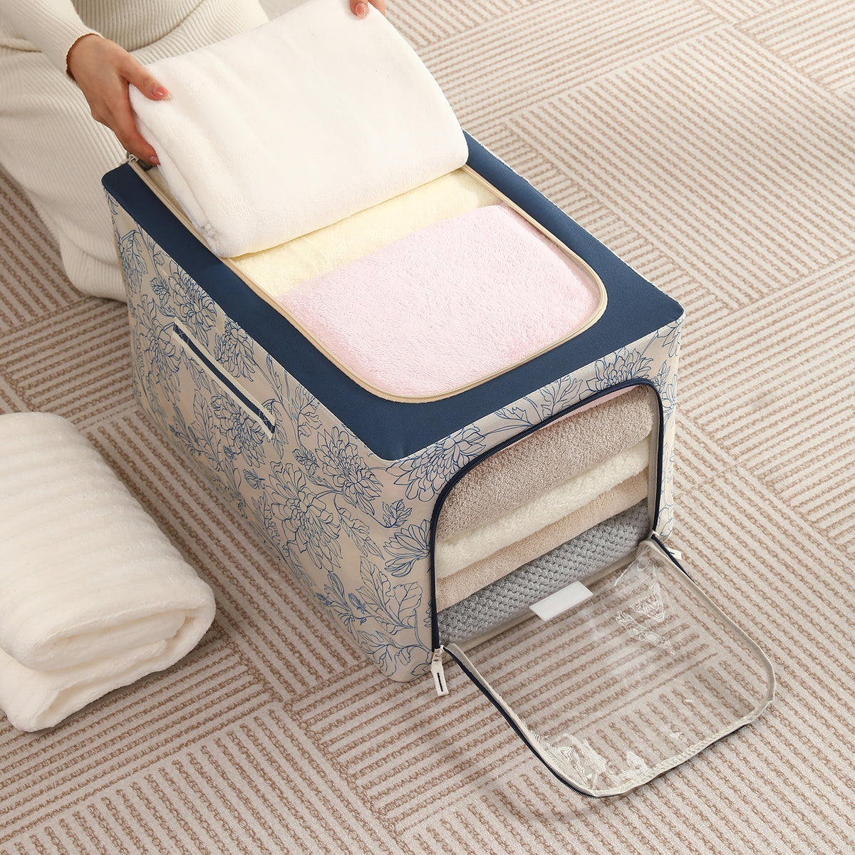 Foldable Cloth Storage Organizer for Wardrobe, Blue Blossom