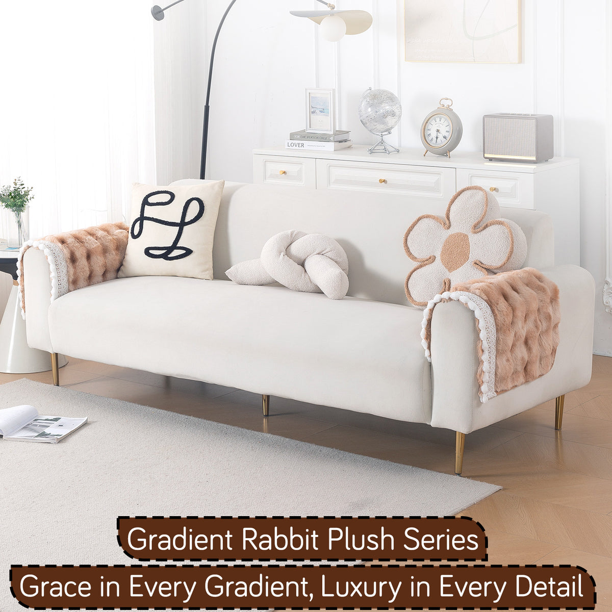Faux Rabbit Fur Sofa Cover with Lace |Gradient Rabbit Plush, Brown
