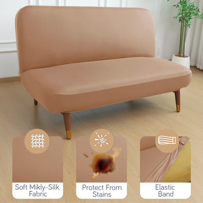 SereneSolids Stretchable Elastic Armless Sofa Cover – 140 GSM, Futon Slipcover, Easy Fit, Camel