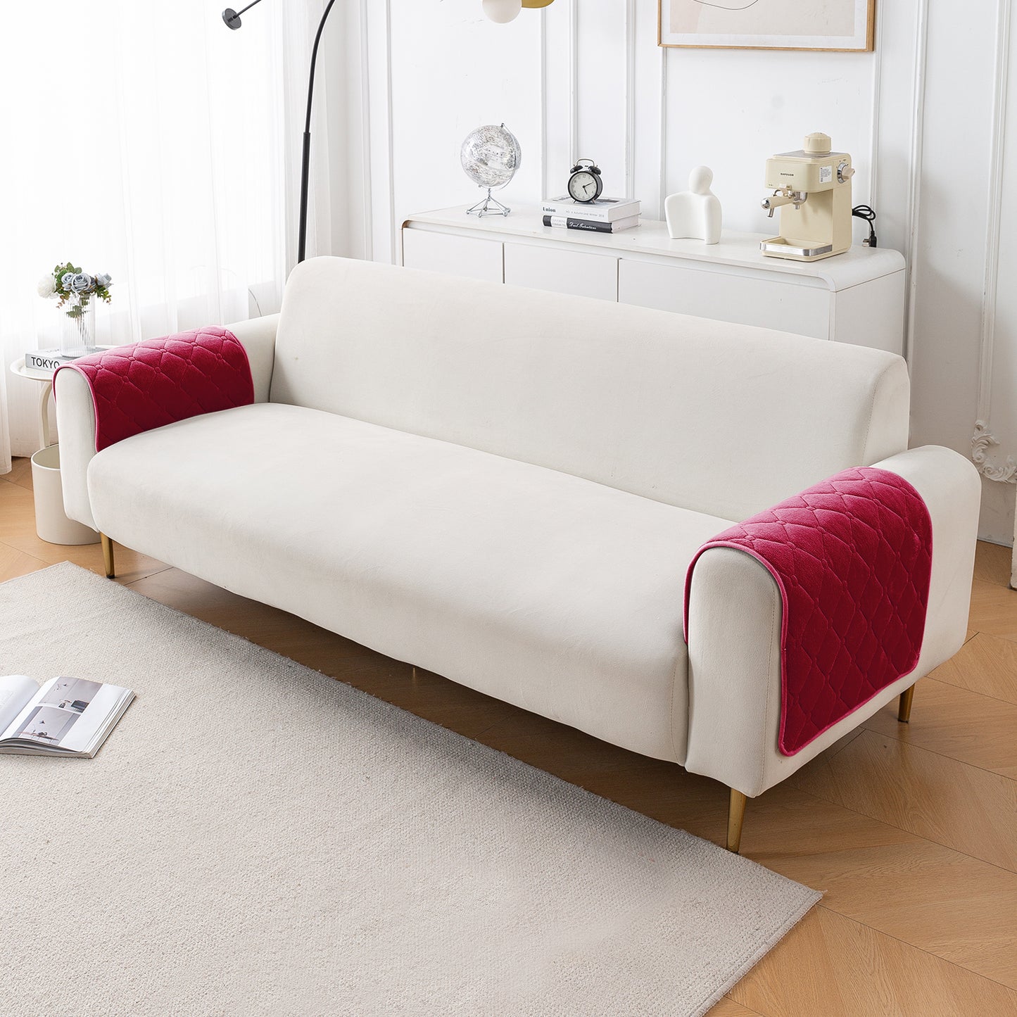 Diamond Tuft Plush Sofa Cover Mat, Raspberry Red