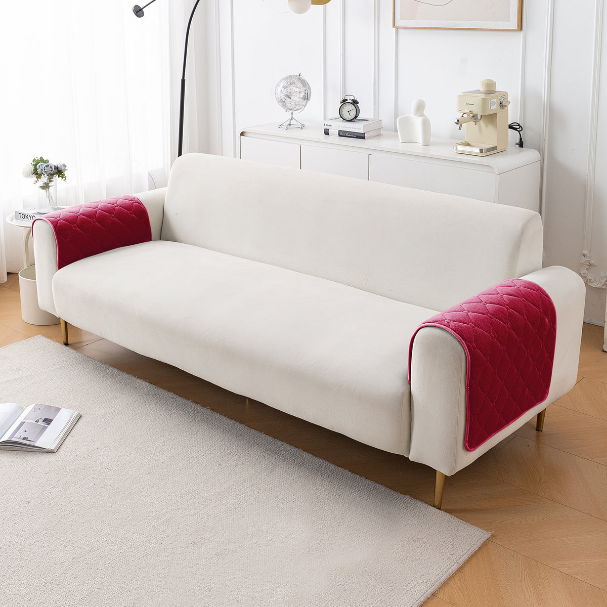 Diamond Tuft Plush Sofa Cover Mat, Raspberry Red