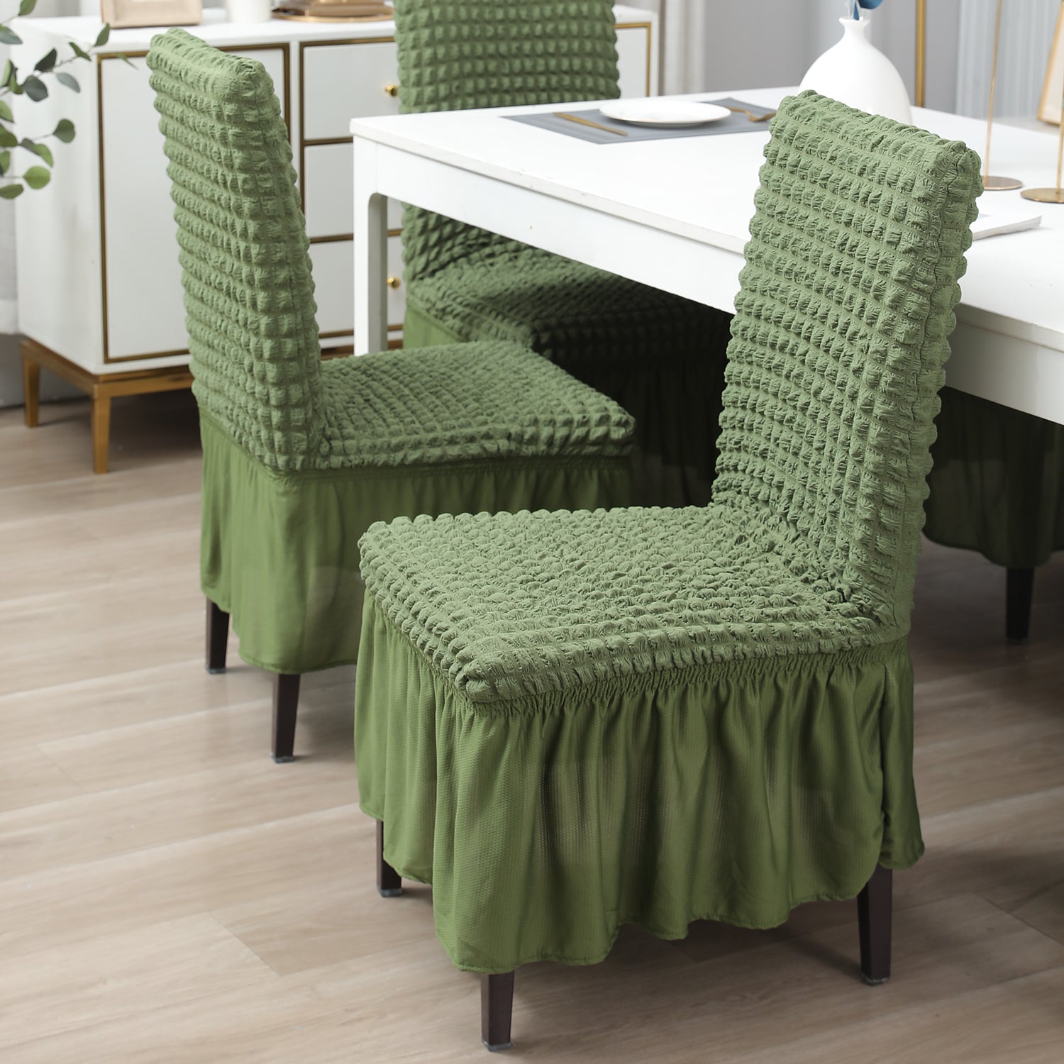 Elastic Stretchable Turkish Bubble Dining Chair Cover with Frill, Forest Green