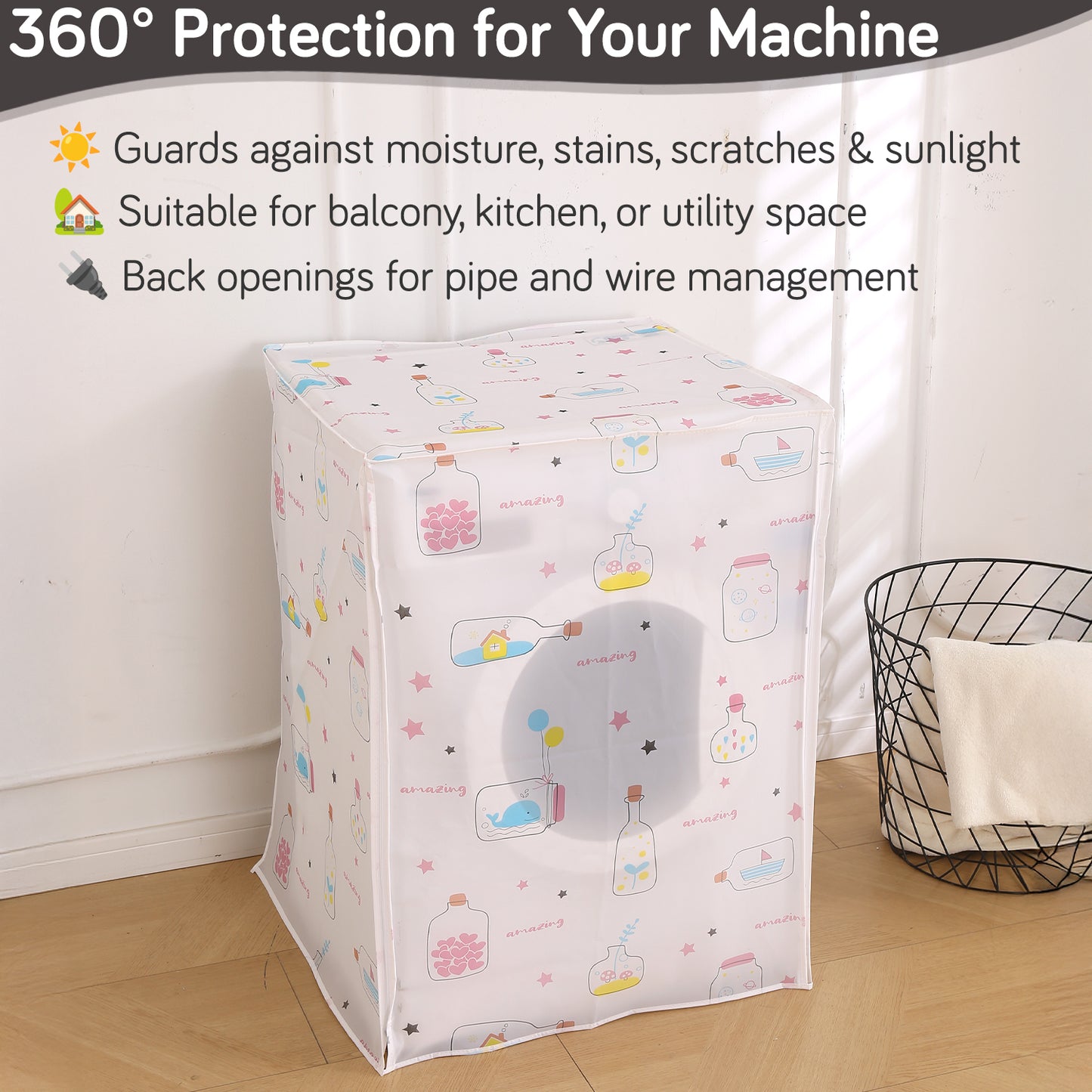 Waterproof Front Load / Top Load Washing Machine Cover | PEVA Dustproof Protective Cover for 6kg, 6.5kg, 7kg & 7.5kg Fully Automatic Machines, Whimsical Bottles