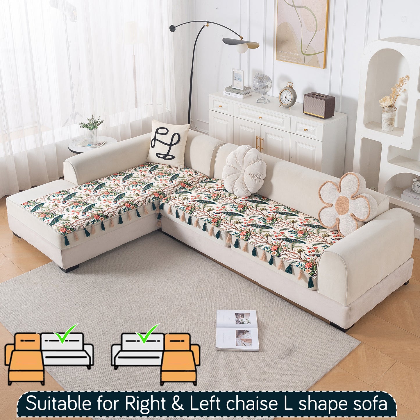 Whispers of Nature' Series Holland Velvet L Shape Sofa Cover Seat Mat with Tassels, Multicolor Tropical Peacock