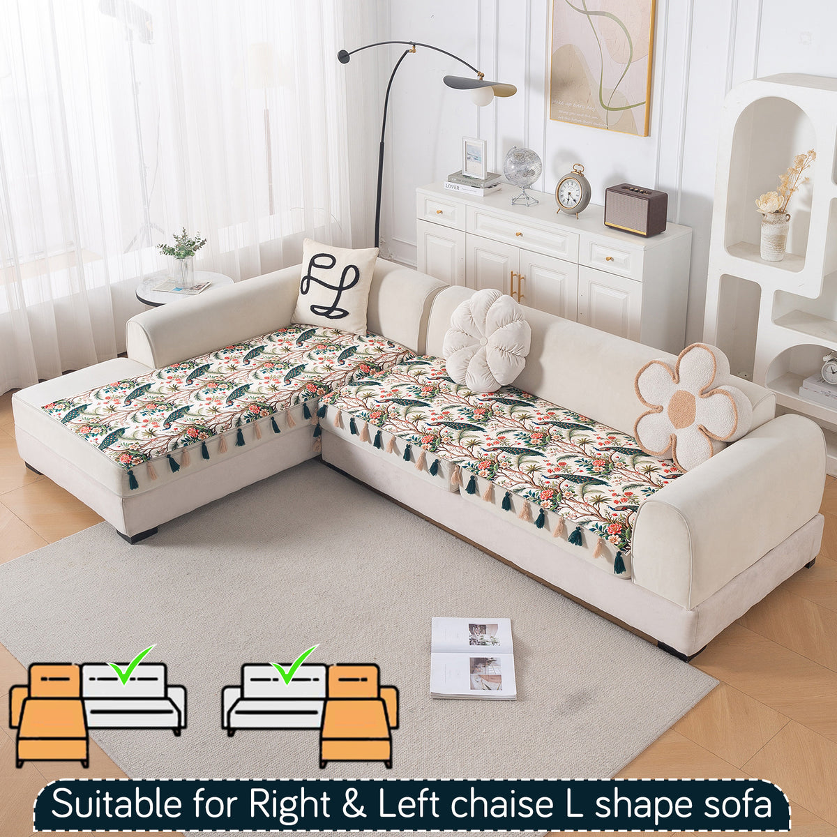 Whispers of Nature' Series Holland Velvet L Shape Sofa Cover Seat Mat with Tassels, Multicolor Tropical Peacock