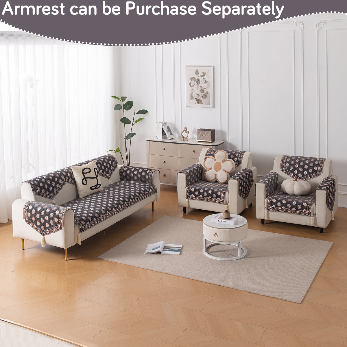 Heritage Weave Premium Jacquard Sofa Cover Set with Tassels - Graphite Grey