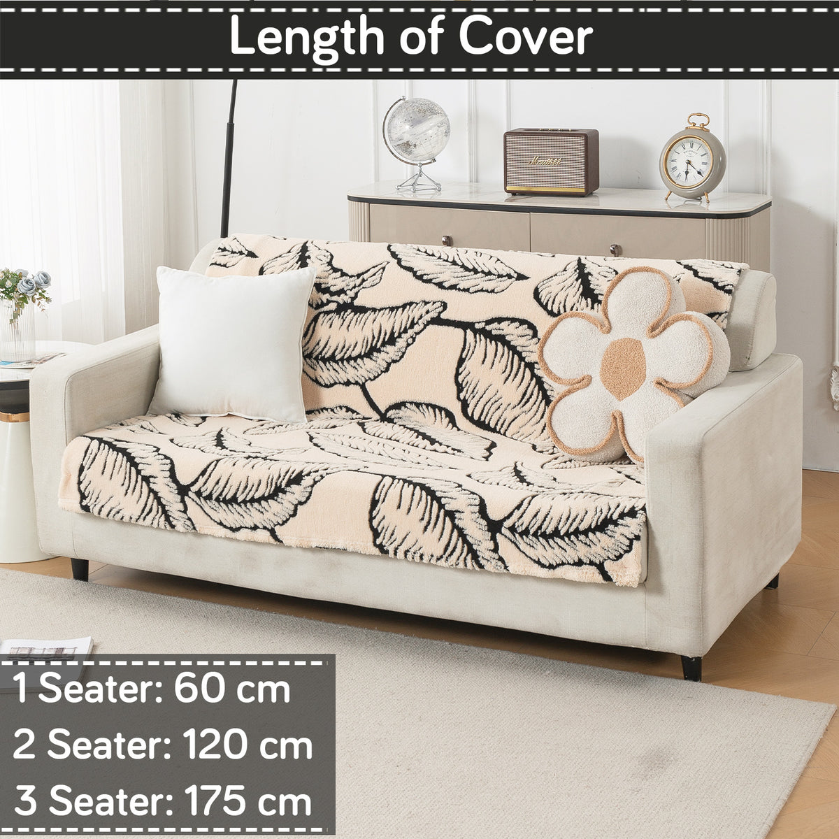 'Noirea Series' Plush Sofa Cover for Seat & Back, Botanical Leaf