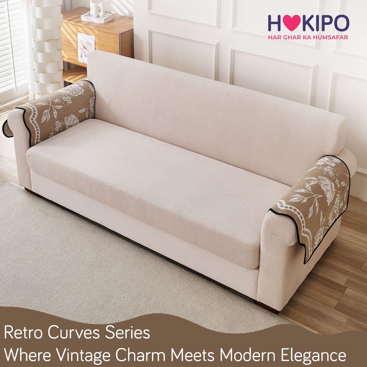 Chenille Sofa Cover Mat with Curvy Edges, 'Retro Curves Series' Sofa Mat, Sand Beige