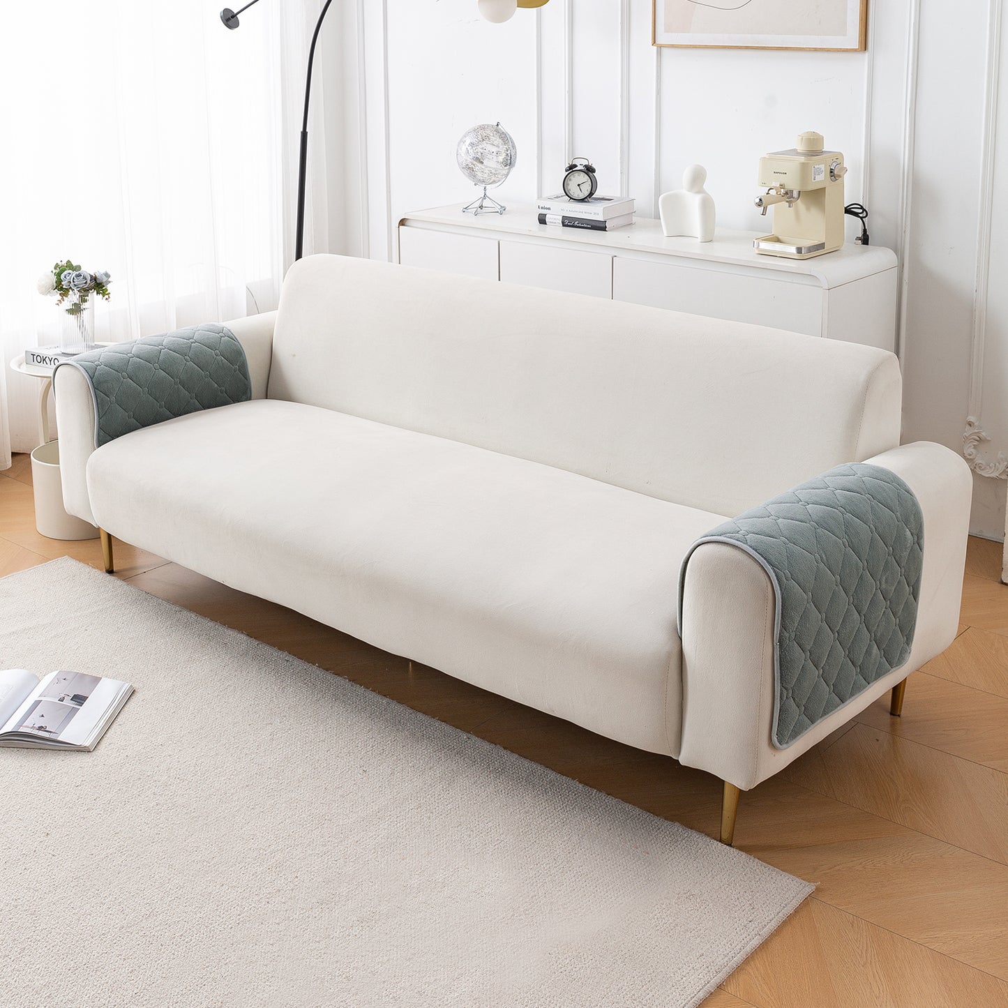 Diamond Tuft Plush Sofa Cover Mat, Stone Grey