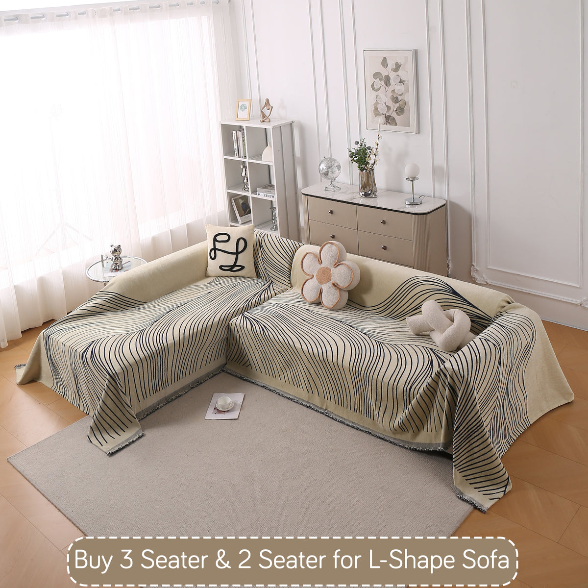 Buy Navy Blue Colour WaveLoom Chenille L-Shape Sofa Throw | HOKIPO