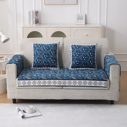 LiefNest Printed Holland Velvet Sofa Mat with Foam Filling - Geometric Floral Oriental Blue for 1/2/3 Seater & Armrest