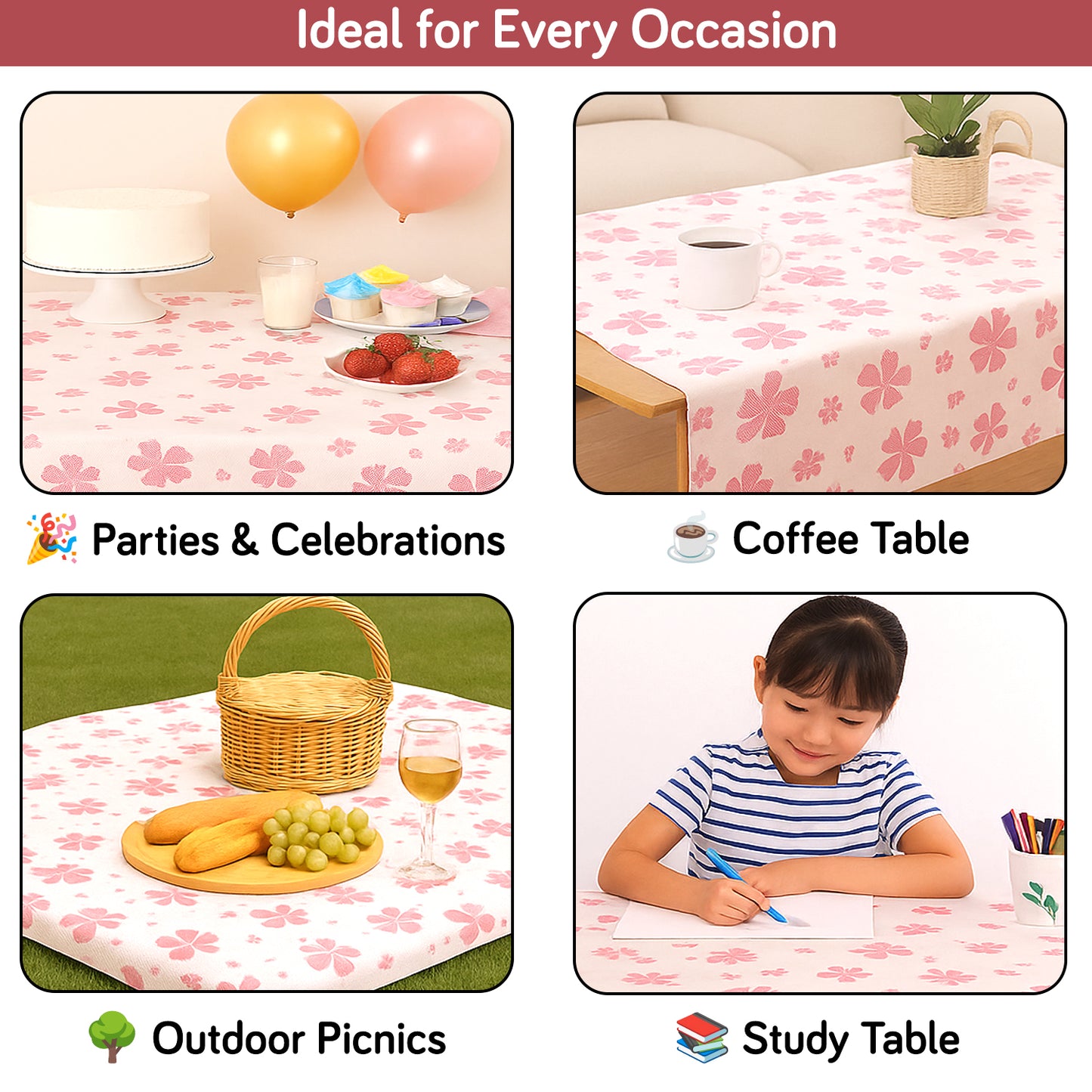 PEVA Waterproof Table Cover Cloth for 2/4/6 Seaters Dining Table | Dustproof Table Cloth for Study & Coffee Table, Valentine Rose Pink