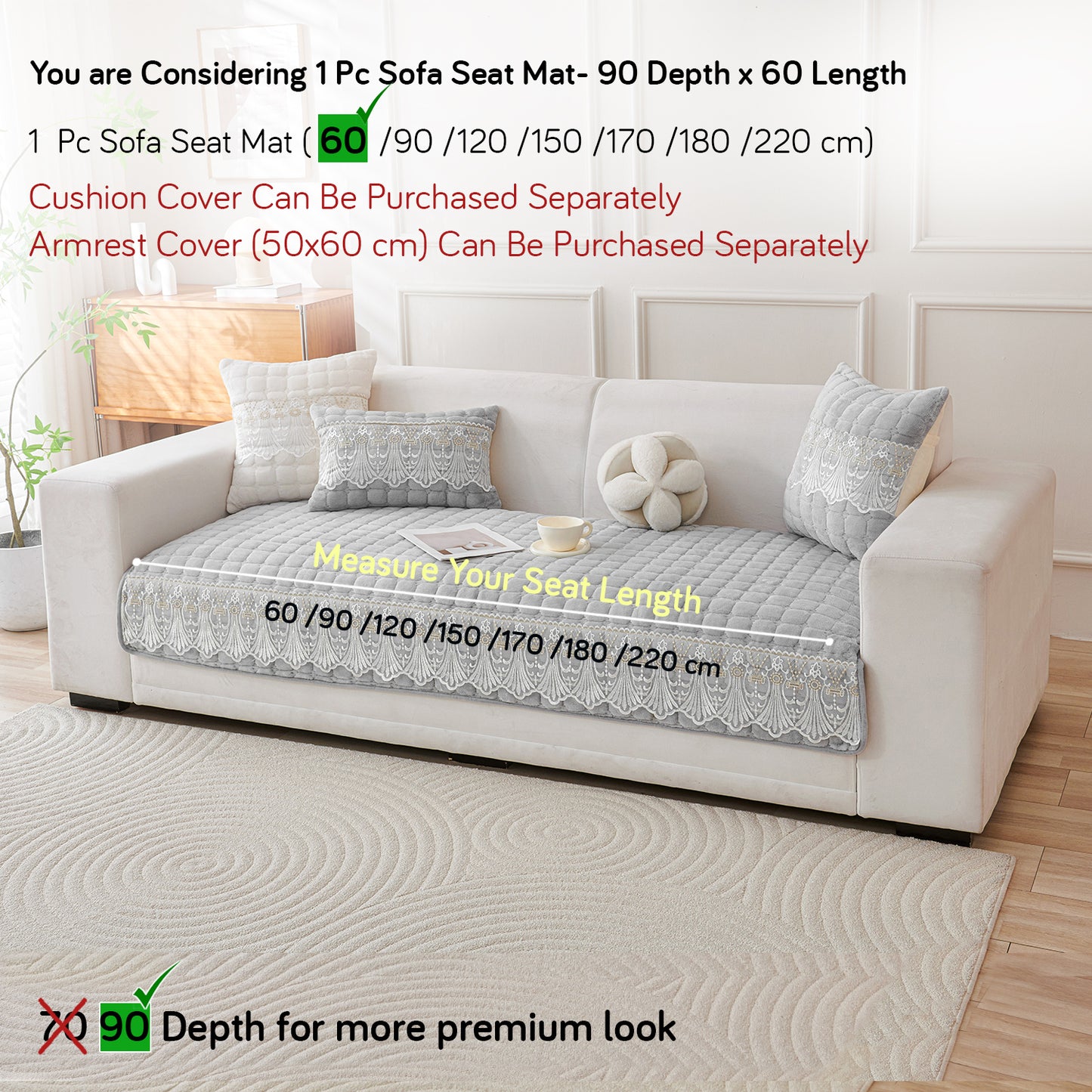 BelleLace Series Imperial Milk Velvet Sofa Cover Mat with Lace Design - Cloud Grey