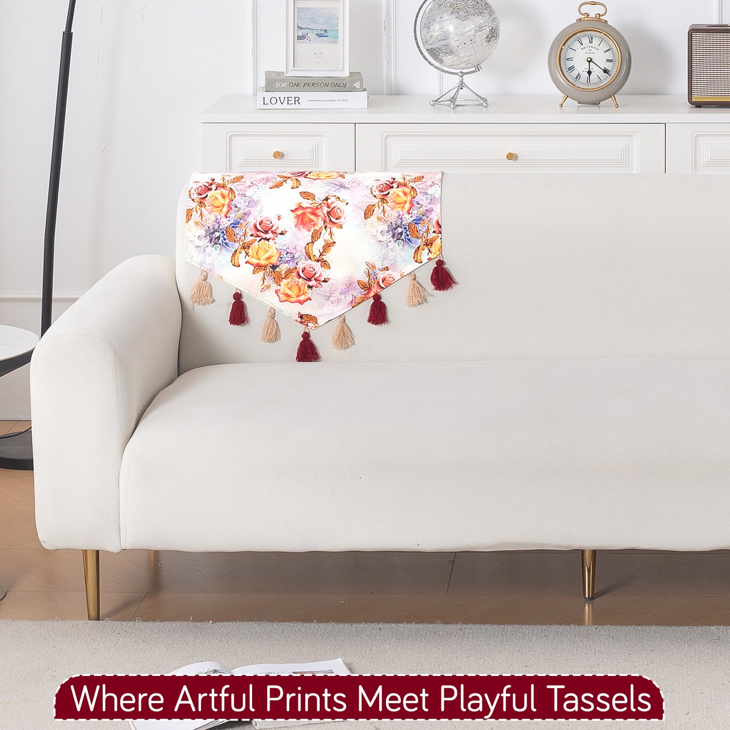 'Whispers of Nature' Series Holland Velvet Sofa Mat with Tassel, Vintage Rose Bloom