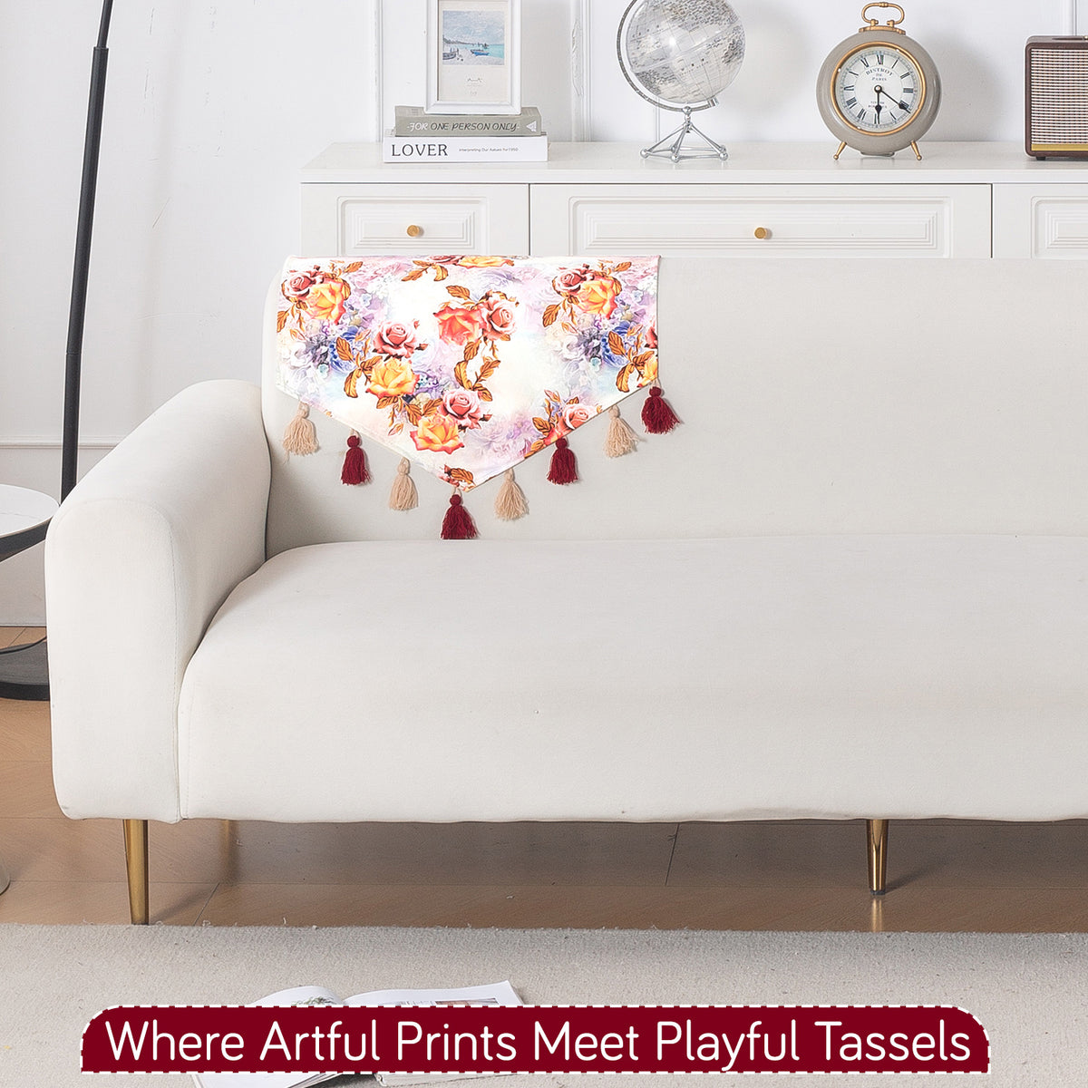 'Whispers of Nature' Series Holland Velvet Sofa Mat with Tassel, Vintage Rose Bloom