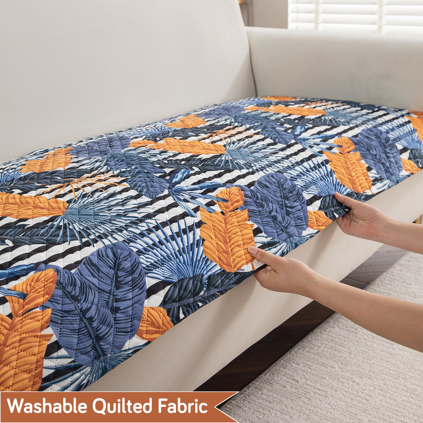 LiefNest Printed Holland Velvet L Shape Sofa Seat Mat with Foam Filling - Tropical Leaves Dusk Blue
