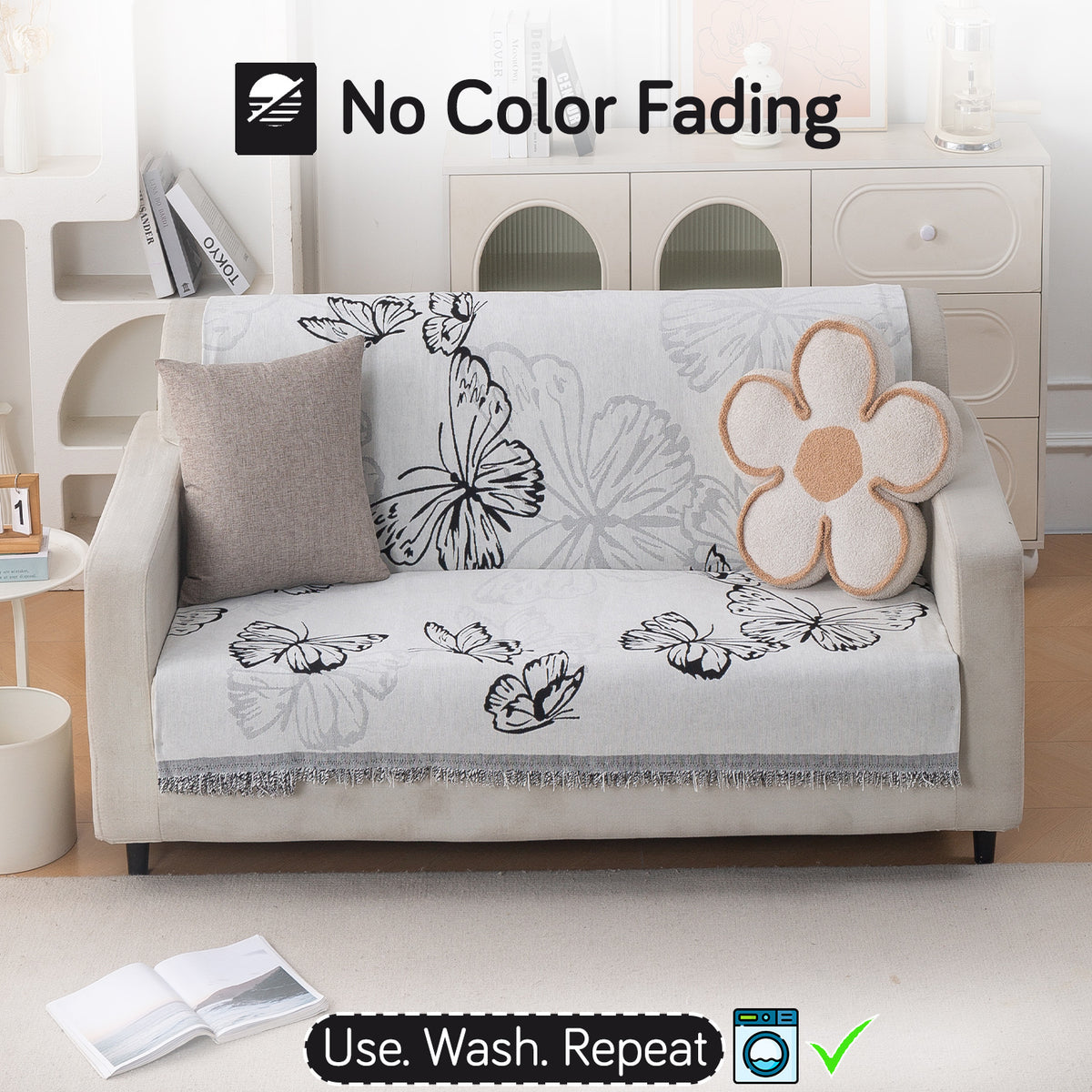 Premium 320 GSM Chenille Sofa Cover 'Serene Abode Series', Monochrome Butterfly