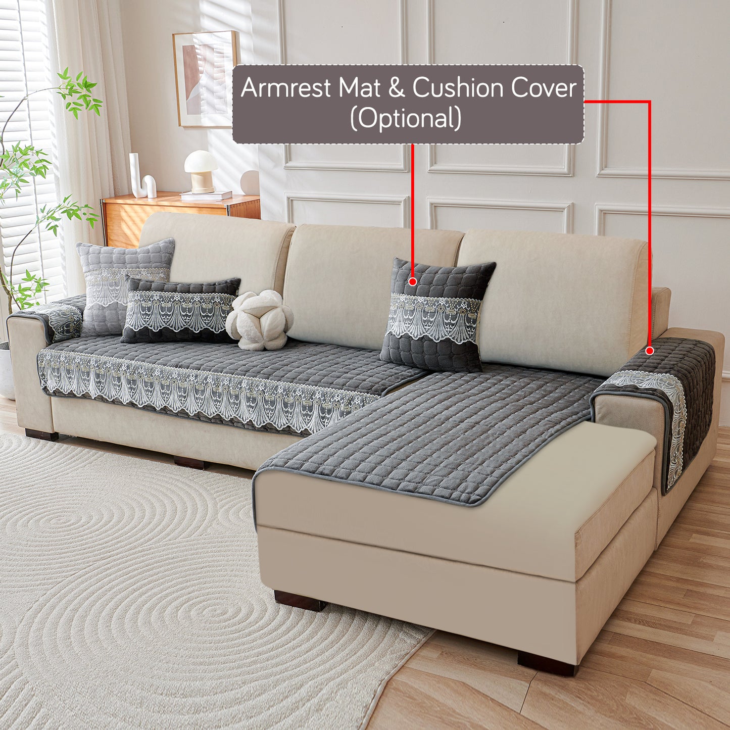 BelleLace Series Imperial Milk Velvet L Shape Sofa Cover Mat with Lace Design - Porpoise Grey