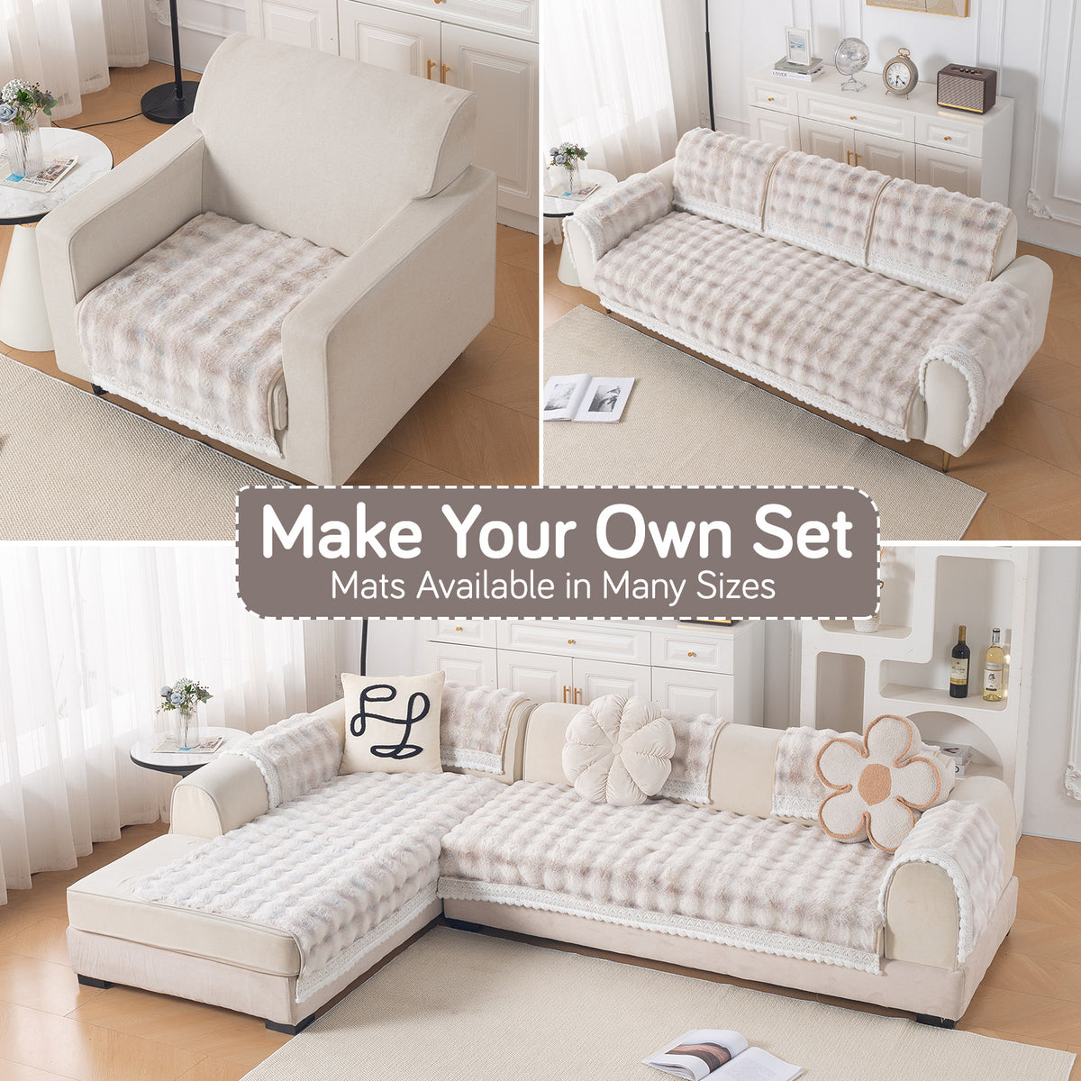 Faux Rabbit Fur Sofa Cover with Lace |Gradient Rabbit Plush, Cream