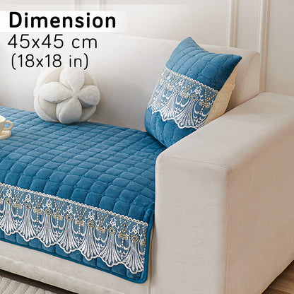 Premium Milk Velvet Sofa Cushion Cover with Lace Design, Celdaon Blue