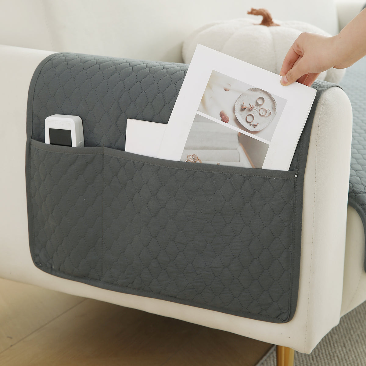 2 Pcs Quilted Sofa Armrest Cover, Grey