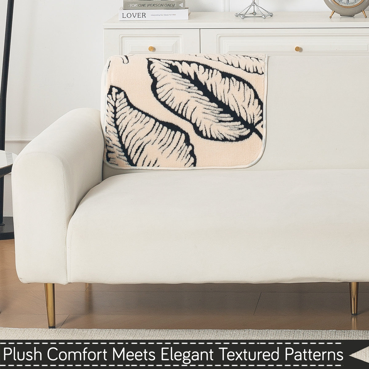 Luxury Plush Sherpa Anti-Slip Sofa Cover Mat, 'Noirea Series'| Botanical Leaf