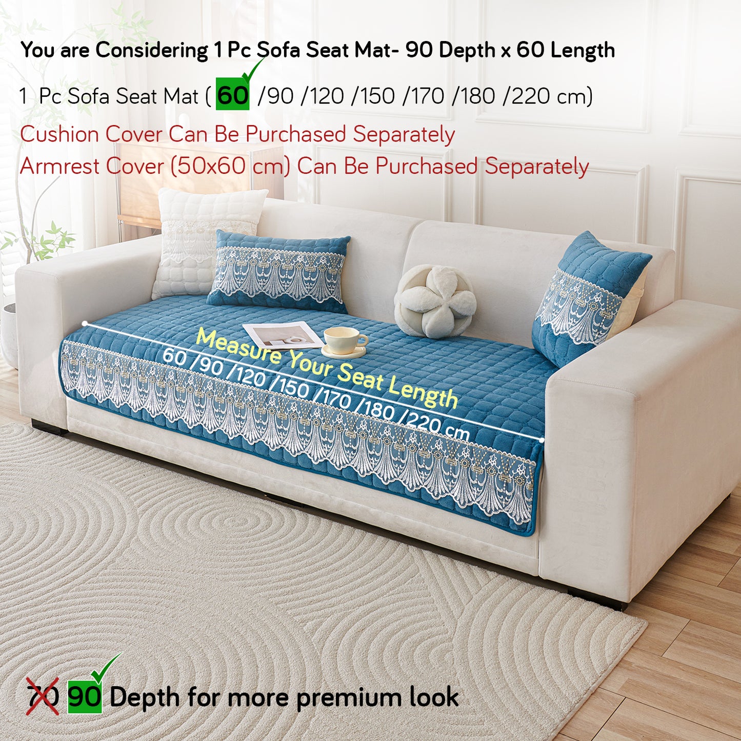 BelleLace Series Imperial Milk Velvet Sofa Cover Mat with Lace Design - Celdaon Blue